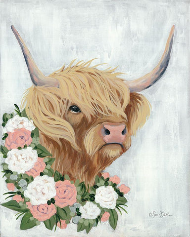 Floral Highlander Cow White Modern Wood Framed Art Print with Double Matting by Baker, Sara