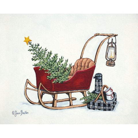 Winter Sleigh Picnic   Gold Ornate Wood Framed Art Print with Double Matting by Baker, Sara