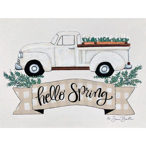 Hello Spring Tulip Truck    White Modern Wood Framed Art Print by Ebert, Roey