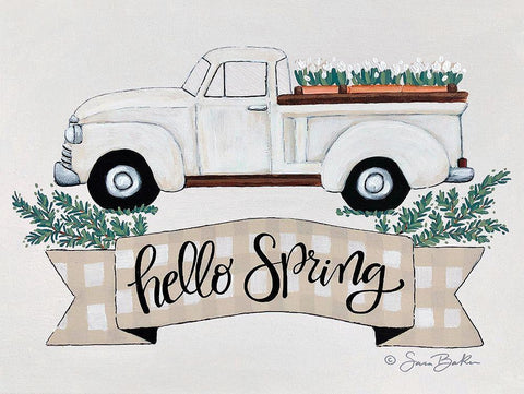 Hello Spring Tulip Truck    Black Ornate Wood Framed Art Print with Double Matting by Ebert, Roey