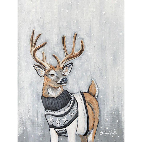 Stag in Sweater Black Modern Wood Framed Art Print by Baker, Sara