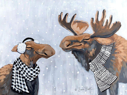 Winter Moose Kisses White Modern Wood Framed Art Print with Double Matting by Baker, Sara