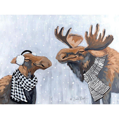 Winter Moose Kisses Black Modern Wood Framed Art Print by Baker, Sara