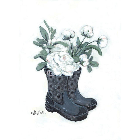 Rain Boot Peonies White Modern Wood Framed Art Print by Baker, Sara