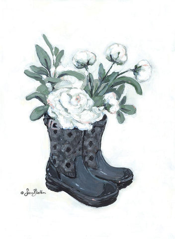 Rain Boot Peonies White Modern Wood Framed Art Print with Double Matting by Baker, Sara