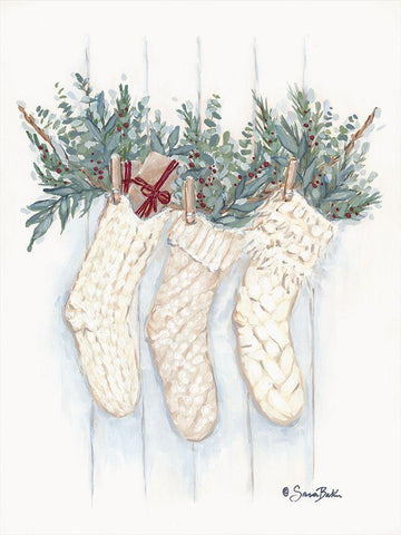 Boho Christmas Stockings White Modern Wood Framed Art Print with Double Matting by Baker, Sara