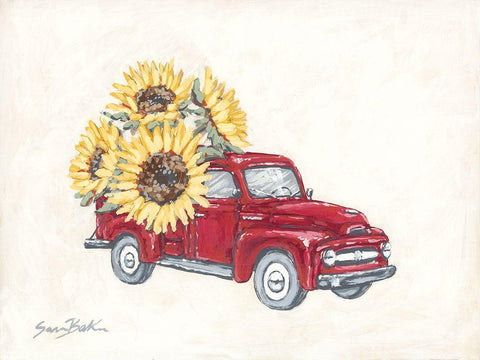 Sunflower Farm Truck Black Ornate Wood Framed Art Print with Double Matting by Baker, Sara