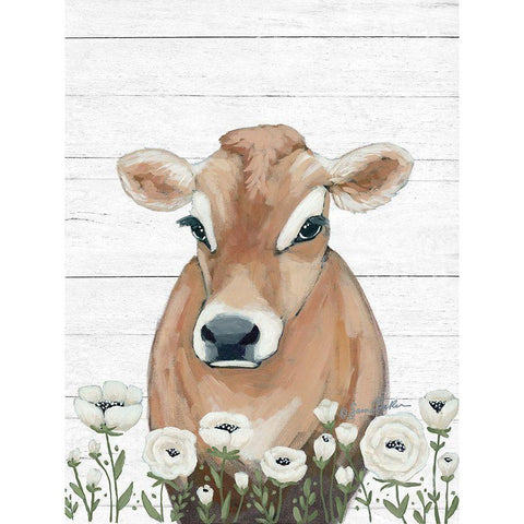 Cow With Flowers White Modern Wood Framed Art Print by Baker, Sara
