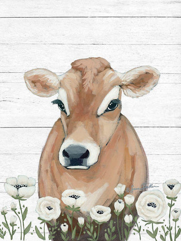 Cow With Flowers Black Ornate Wood Framed Art Print with Double Matting by Baker, Sara