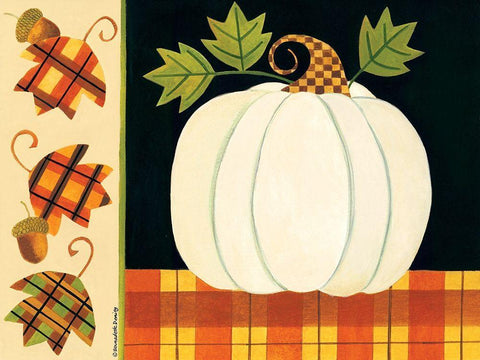 White Pumpkin, Leaves and Acorns White Modern Wood Framed Art Print with Double Matting by Deming, Bernadette