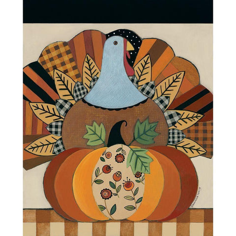 Turkey and Patterned Pumpkin Black Modern Wood Framed Art Print with Double Matting by Deming, Bernadette
