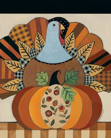 Turkey and Patterned Pumpkin Black Ornate Wood Framed Art Print with Double Matting by Deming, Bernadette