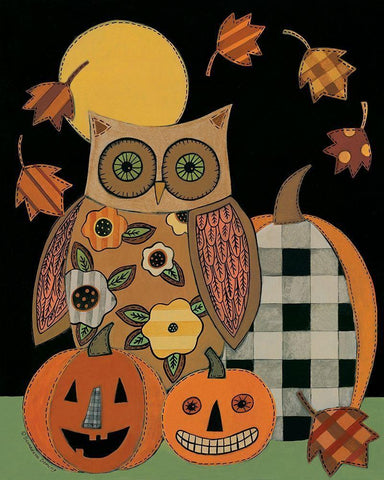 Floral Owl and Pumpkins White Modern Wood Framed Art Print with Double Matting by Deming, Bernadette