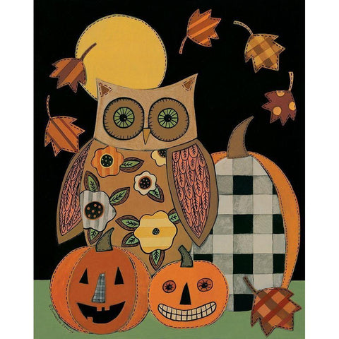 Floral Owl and Pumpkins Black Modern Wood Framed Art Print with Double Matting by Deming, Bernadette