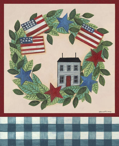 Patriotic Saltbox House Wreath Black Ornate Wood Framed Art Print with Double Matting by Deming, Bernadette