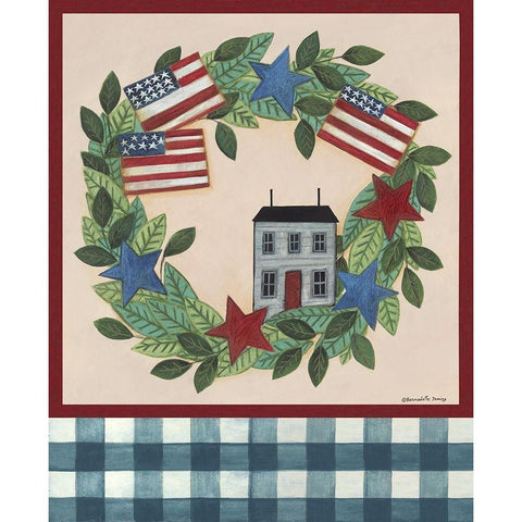 Patriotic Saltbox House Wreath Gold Ornate Wood Framed Art Print with Double Matting by Deming, Bernadette