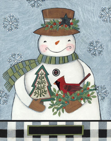 Snowman with Cardinal White Modern Wood Framed Art Print with Double Matting by Deming, Bernadette