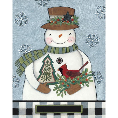 Snowman with Cardinal White Modern Wood Framed Art Print by Deming, Bernadette