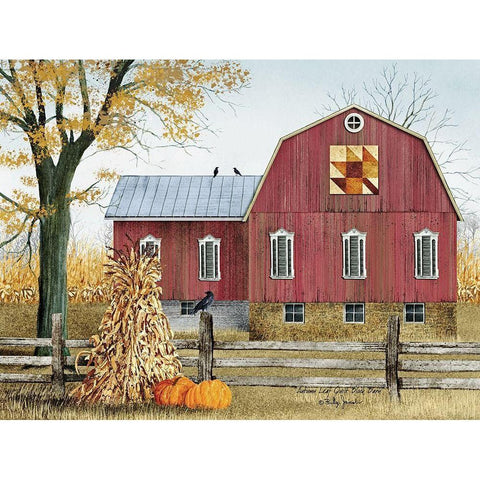 Autumn Leaf Quilt Block Barn     Gold Ornate Wood Framed Art Print with Double Matting by Jacobs, Billy