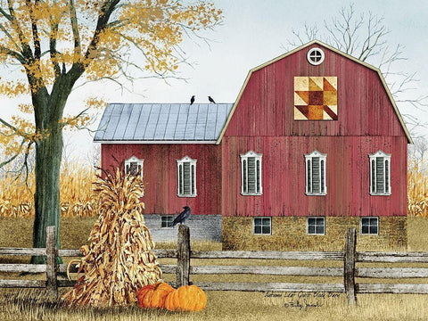 Autumn Leaf Quilt Block Barn     Black Ornate Wood Framed Art Print with Double Matting by Jacobs, Billy