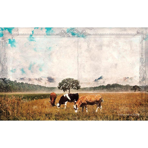 Vintage Grazing Cattle    Black Modern Wood Framed Art Print with Double Matting by Bluebird Barn