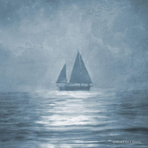 Solo Blue Sea Sailboat Black Ornate Wood Framed Art Print with Double Matting by Bluebird Barn