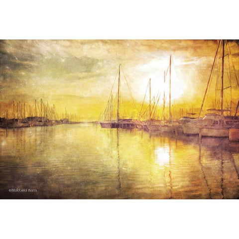 Yellow Sunset Boats in Marina Gold Ornate Wood Framed Art Print with Double Matting by Bluebird Barn