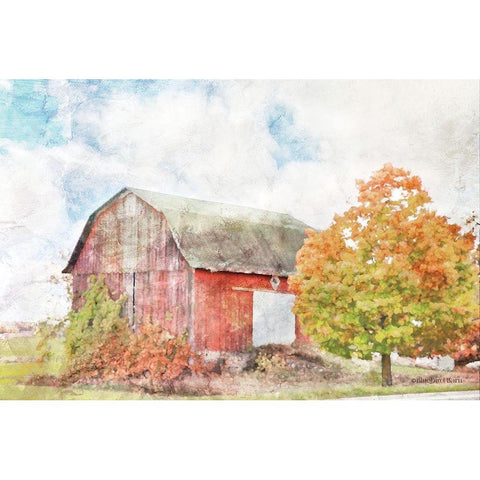 Autumn Maple by the Barn Gold Ornate Wood Framed Art Print with Double Matting by Bluebird Barn