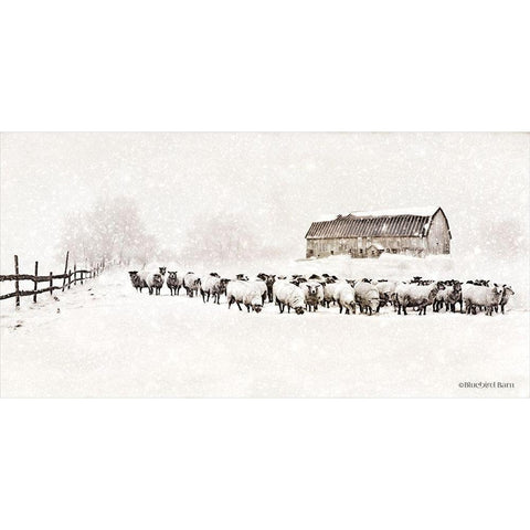 Warm Winter Barn with Sheep Herd White Modern Wood Framed Art Print by Bluebird Barn