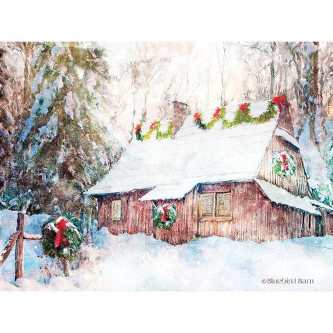 Snowy Christmas Cabin Gold Ornate Wood Framed Art Print with Double Matting by Bluebird Barn