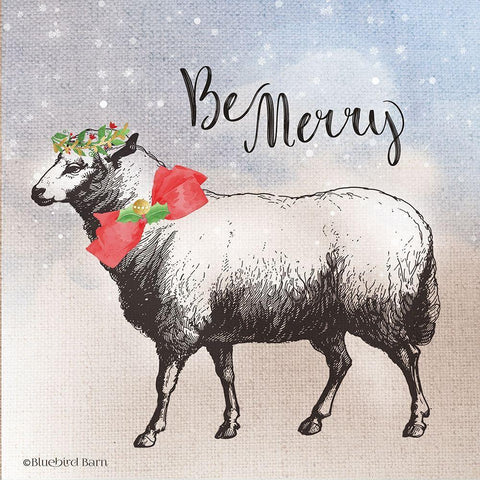 Vintage Christmas Be Merry Sheep White Modern Wood Framed Art Print with Double Matting by Bluebird Barn