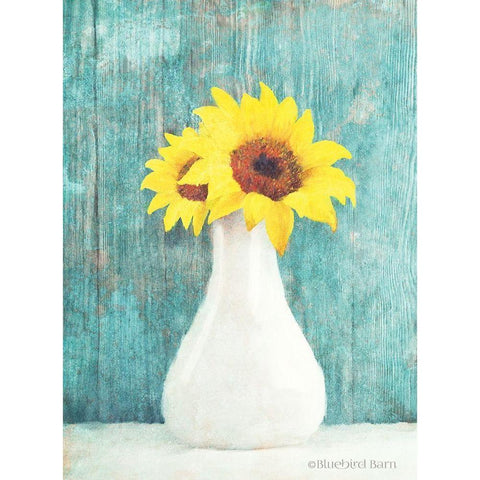 Sunflower White Vase Gold Ornate Wood Framed Art Print with Double Matting by Bluebird Barn