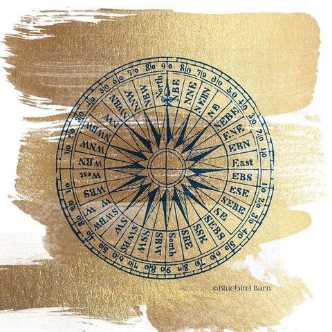 Brushed Gold Compass White Modern Wood Framed Art Print with Double Matting by Bluebird Barn