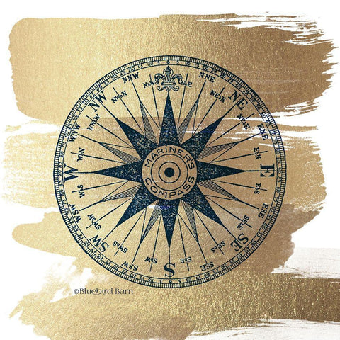 Brushed Gold Compass Rose Black Modern Wood Framed Art Print with Double Matting by Bluebird Barn