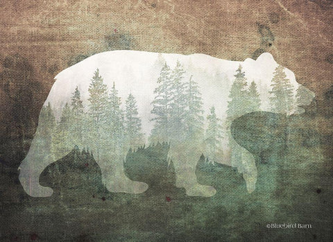 Green Forest Bear Silhouette White Modern Wood Framed Art Print with Double Matting by Bluebird Barn