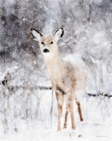 Deer in Winter Forest White Modern Wood Framed Art Print with Double Matting by Bluebird Barn
