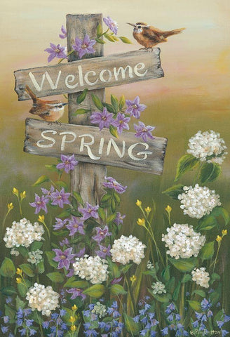 Welcome Spring White Modern Wood Framed Art Print with Double Matting by Britton, Pam