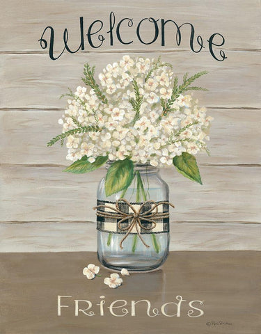 Welcome Friends Mason Jar White Modern Wood Framed Art Print with Double Matting by Britton, Pam