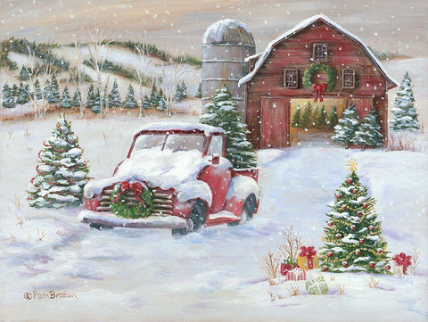 Snowy Christmas Farm     Black Ornate Wood Framed Art Print with Double Matting by Britton, Pam