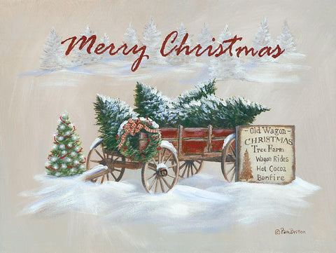 Merry Christmas Wagon   White Modern Wood Framed Art Print with Double Matting by Britton, Pam