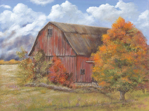 Autumn Barn White Modern Wood Framed Art Print with Double Matting by Britton, Pam