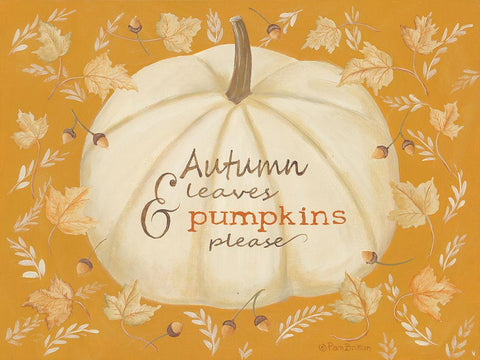 Autumn Leaves And Pumpkin White Modern Wood Framed Art Print with Double Matting by Britton, Pam