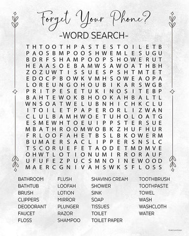 Bathroom Wordsearch Black Ornate Wood Framed Art Print with Double Matting by Lady Louise Designs
