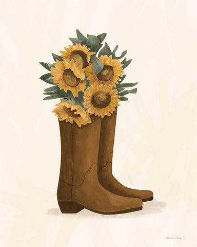Sunflower Cowgirl Boots White Modern Wood Framed Art Print with Double Matting by Lady Louise Designs