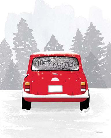 Red Christmas Car White Modern Wood Framed Art Print with Double Matting by Lady Louise Designs