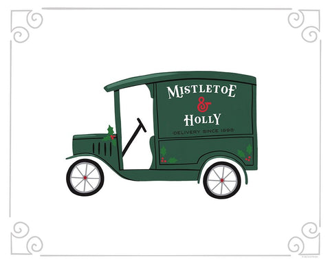 Mistletoe And Holly Vintage Delivery Truck White Modern Wood Framed Art Print with Double Matting by Lady Louise Designs