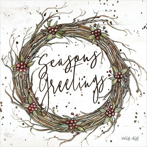 Seasons Greetings Wreath Black Modern Wood Framed Art Print with Double Matting by Jacobs, Cindy