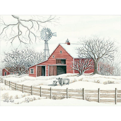 Winter Barn with Windmill White Modern Wood Framed Art Print by Jacobs, Cindy