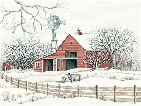 Winter Barn with Windmill White Modern Wood Framed Art Print with Double Matting by Jacobs, Cindy