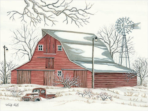 Winter Barn with Pickup Truck Black Ornate Wood Framed Art Print with Double Matting by Jacobs, Cindy